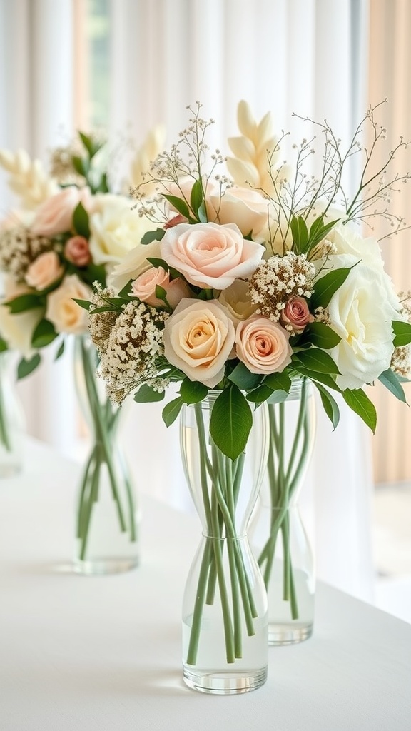 A collection of floral arrangements featuring soft pink roses, white flowers, and greenery in clear glass vases.