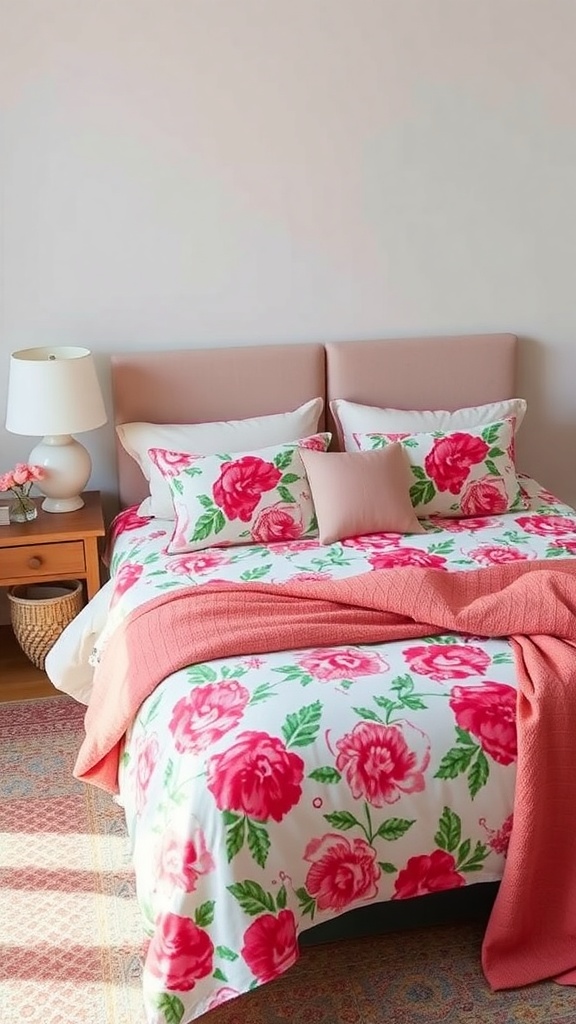 A cozy bedroom featuring a floral bedspread with pink roses, matching pillows, and a coral throw.