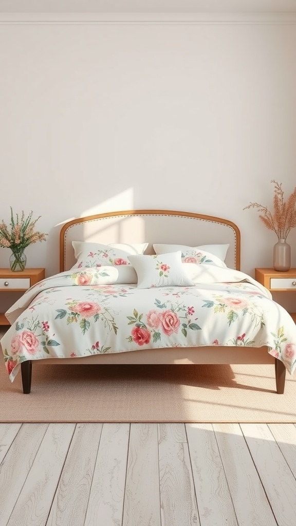 A cozy bedroom with a floral bedspread featuring pink roses on a light background, complemented by matching pillows and minimalistic decor.