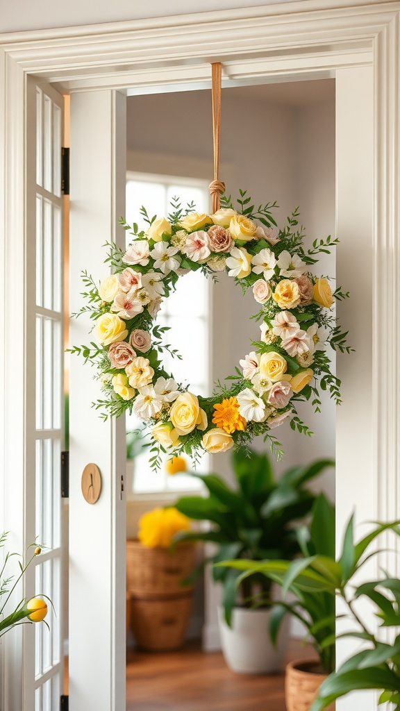 A floral wreath with yellow and white flowers hanging on a door