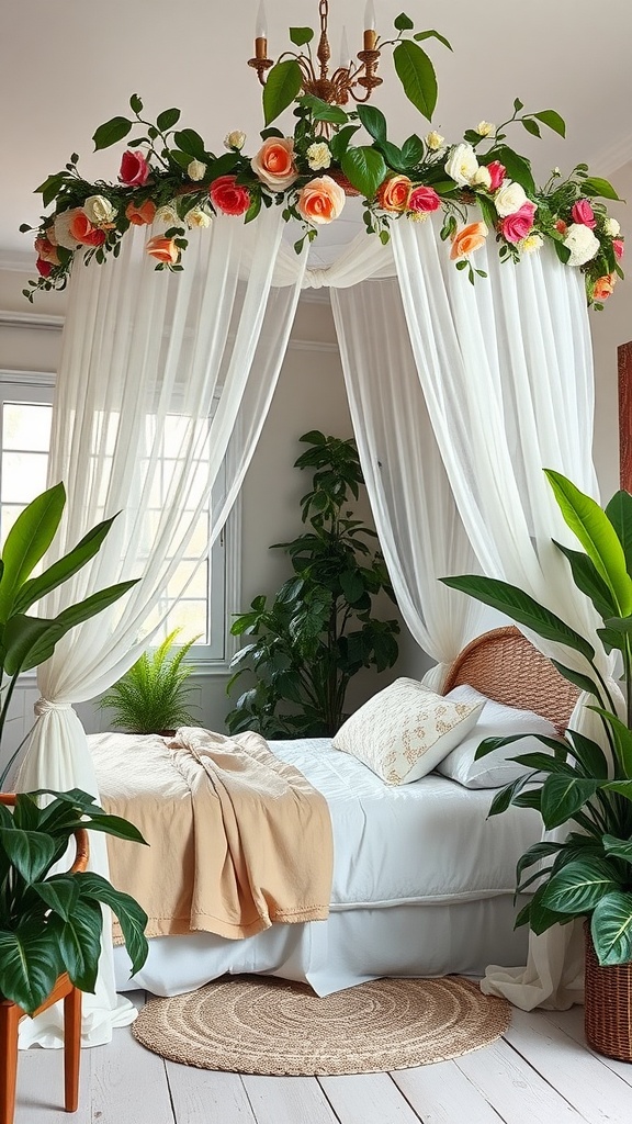 A cozy bedroom featuring a floral canopy bed with white drapery and vibrant roses, surrounded by indoor plants.