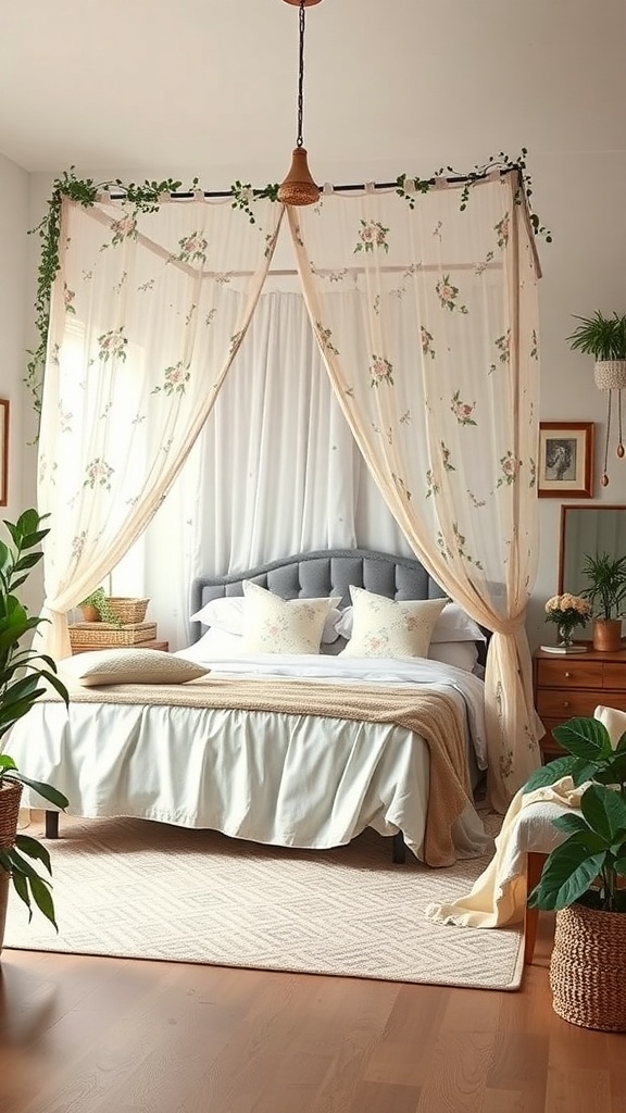 A cozy bedroom featuring a floral canopy bed with soft bedding and surrounding plants.
