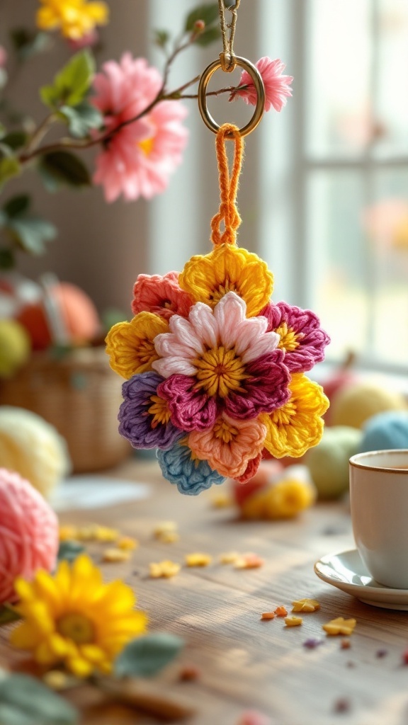 Colorful floral crochet keychain hanging from a ring