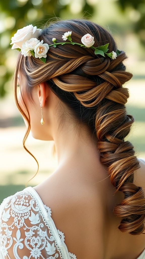 A close-up of a hairstyle featuring a floral crown and a braided ponytail.