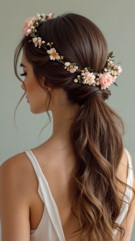 A woman with wavy hair styled in a low ponytail, wearing a floral crown made of pink roses and white flowers.