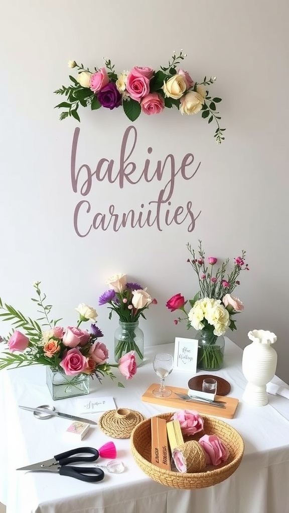 Floral crown making station with various flowers, scissors, and materials for crafting