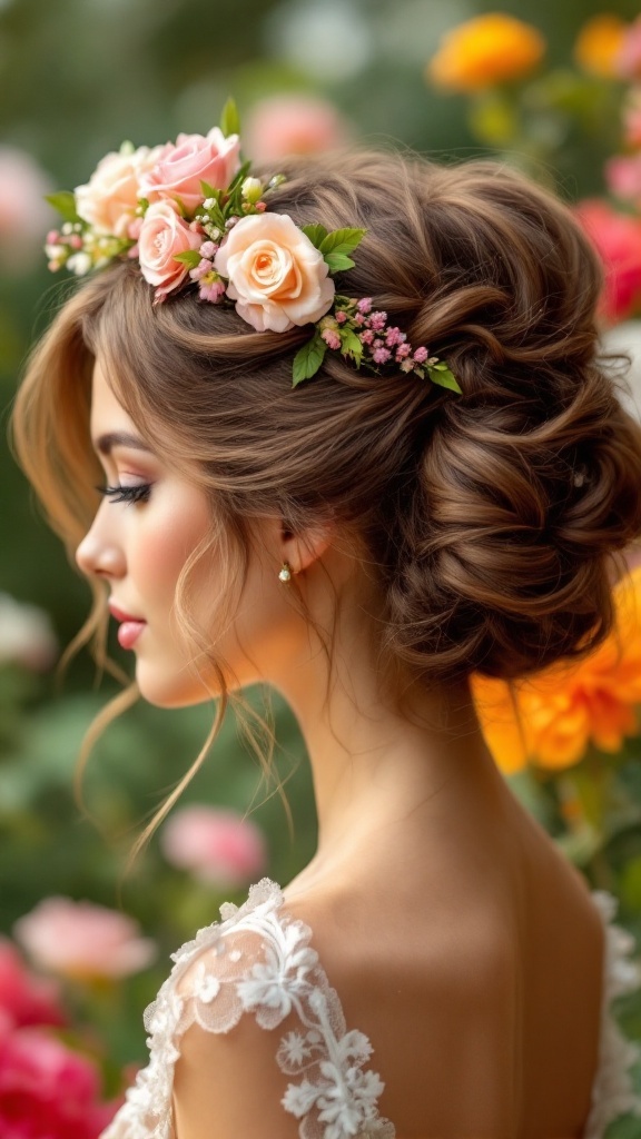 A woman with a floral crown updo hairstyle featuring soft curls and roses, set in a garden.