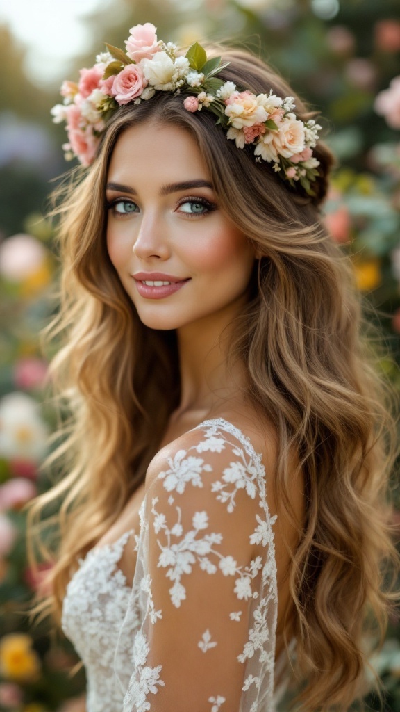 Bridesmaid with long down hair and a floral crown