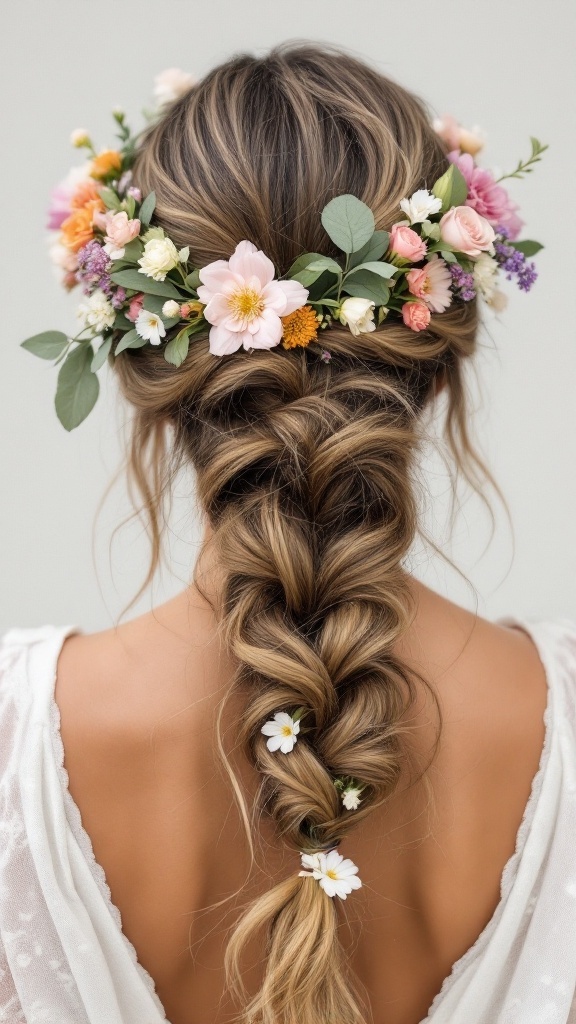 A woman with a loose braid adorned with a floral crown featuring various flowers and greenery.