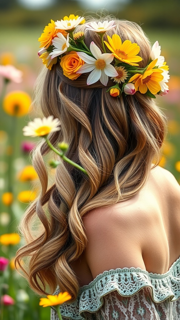 A woman with loose waves and a floral crown made of yellow and white flowers, standing in a field of blooming flowers.