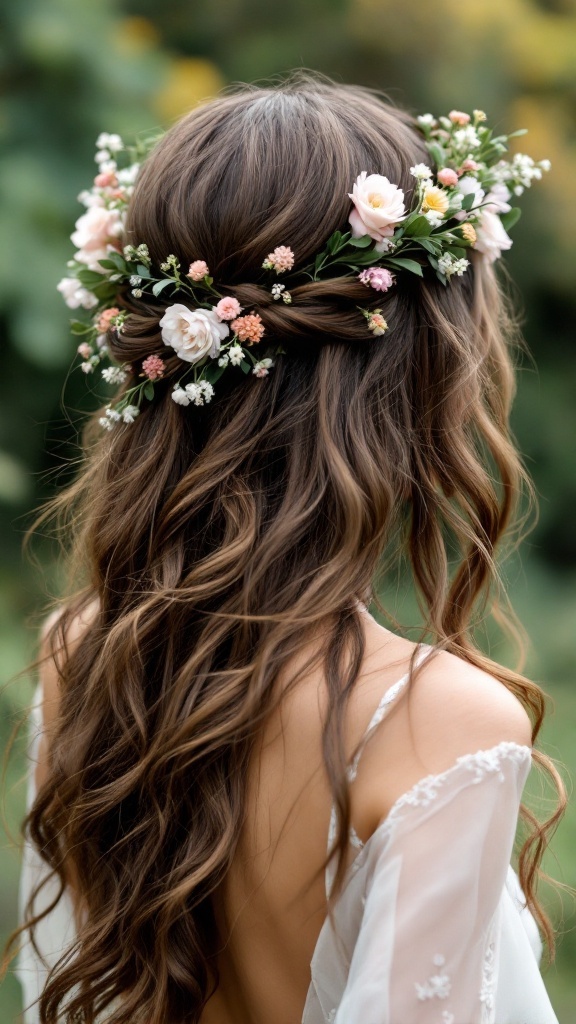 A woman with side-parted loose hair adorned with a floral crown, showcasing a romantic wedding hairstyle.