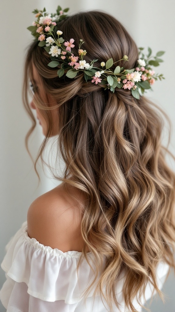 A woman with half up half down wedding hair styled with soft waves and a floral crown.