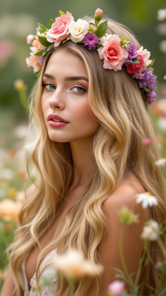 Flower girl with straight hair wearing a floral crown among flowers