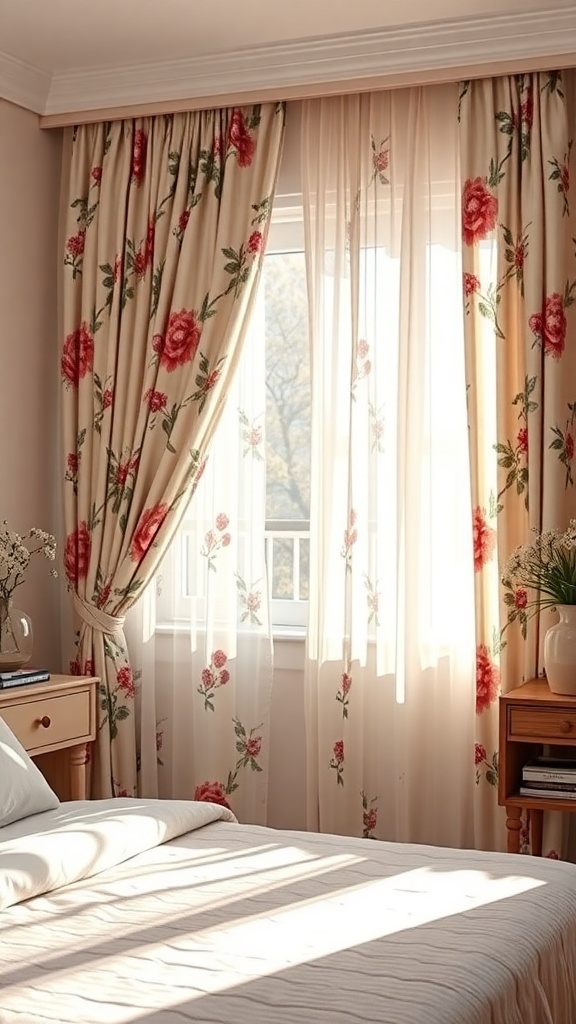 Floral curtains with red roses in a bright bedroom