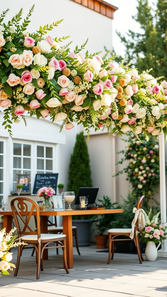 A floral garland of pink and white roses decorating an outdoor table setting.