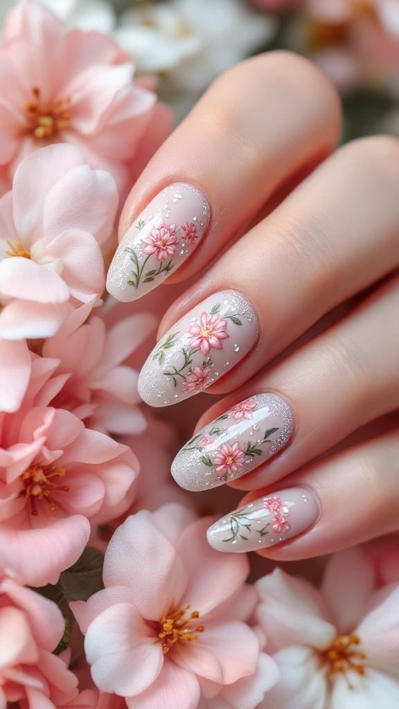 A close-up of hands with floral glitter nail design, featuring soft flowers and sparkling tips.