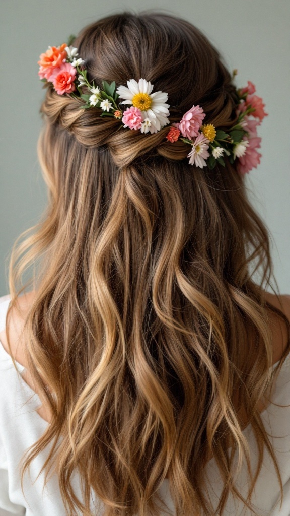 A beautiful half-up hairstyle with loose waves and a floral crown, ideal for the mother of the bride.