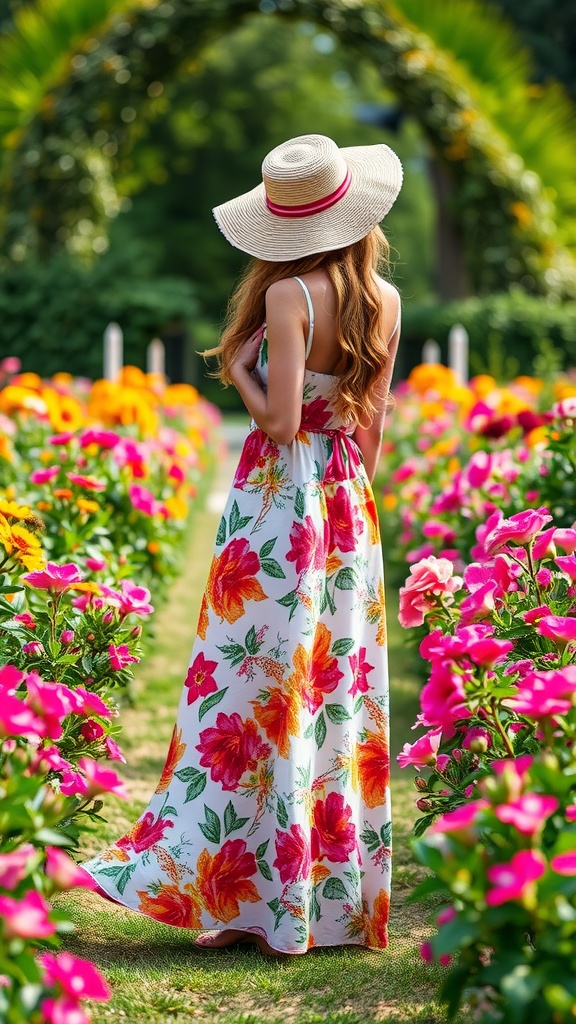 A woman in a floral maxi dress and sun hat stands in a colorful garden.