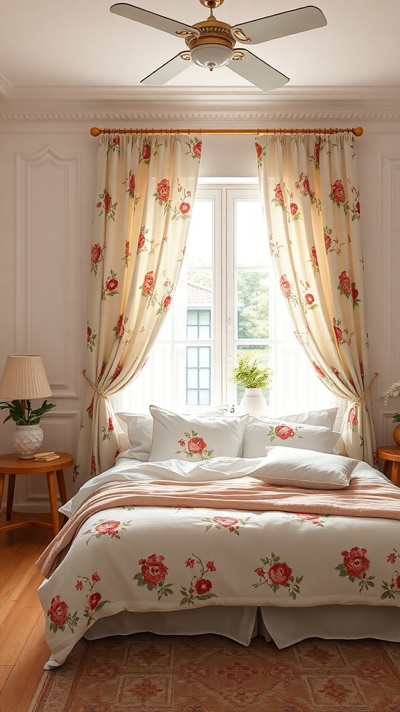 A cozy bedroom featuring floral motif curtains and matching bedding, with a window allowing natural light to enter.