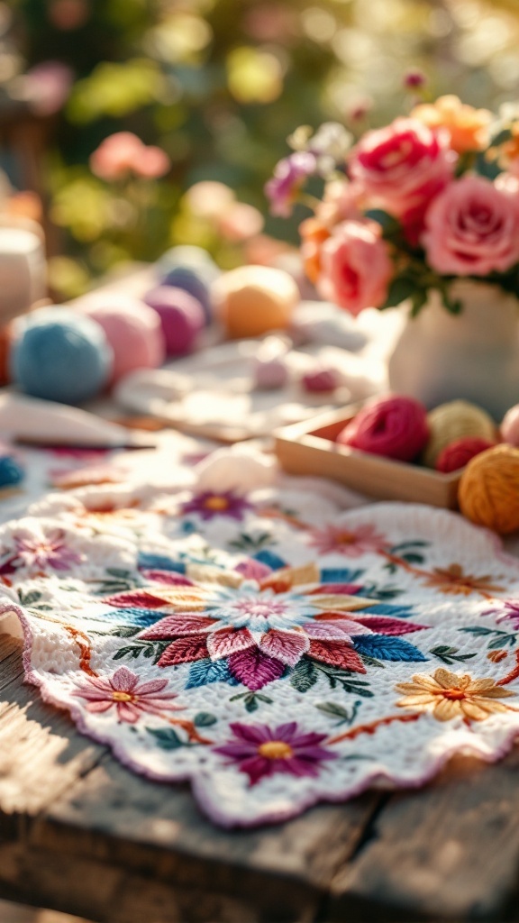 A colorful crochet dishcloth with a floral motif placed on a wooden table, surrounded by yarn balls and a bouquet of roses.
