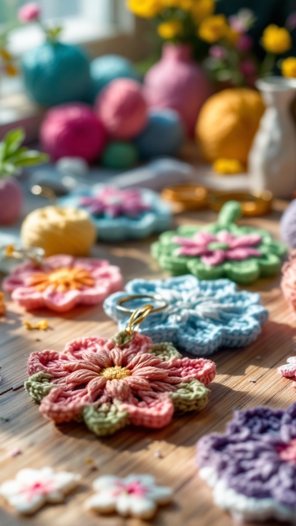 Colorful crochet floral keychains on a wooden surface with yarn and flowers in the background