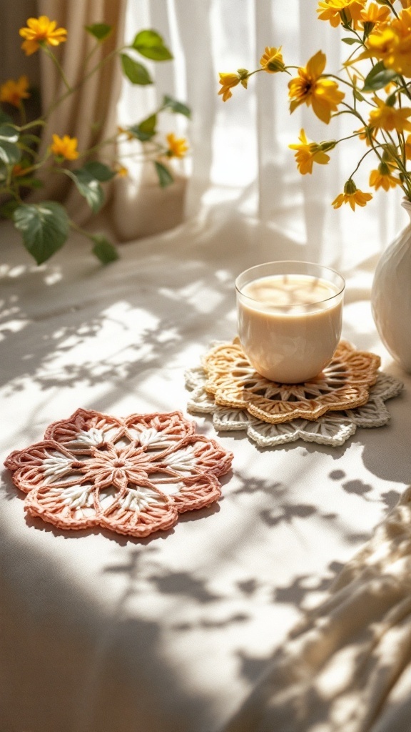A pair of floral crochet coasters in peach and yellow, with a glass of beverage and flowers in the background.
