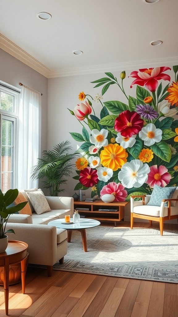 A beautifully designed living room featuring a large floral mural on the wall, complemented by light furniture and greenery.