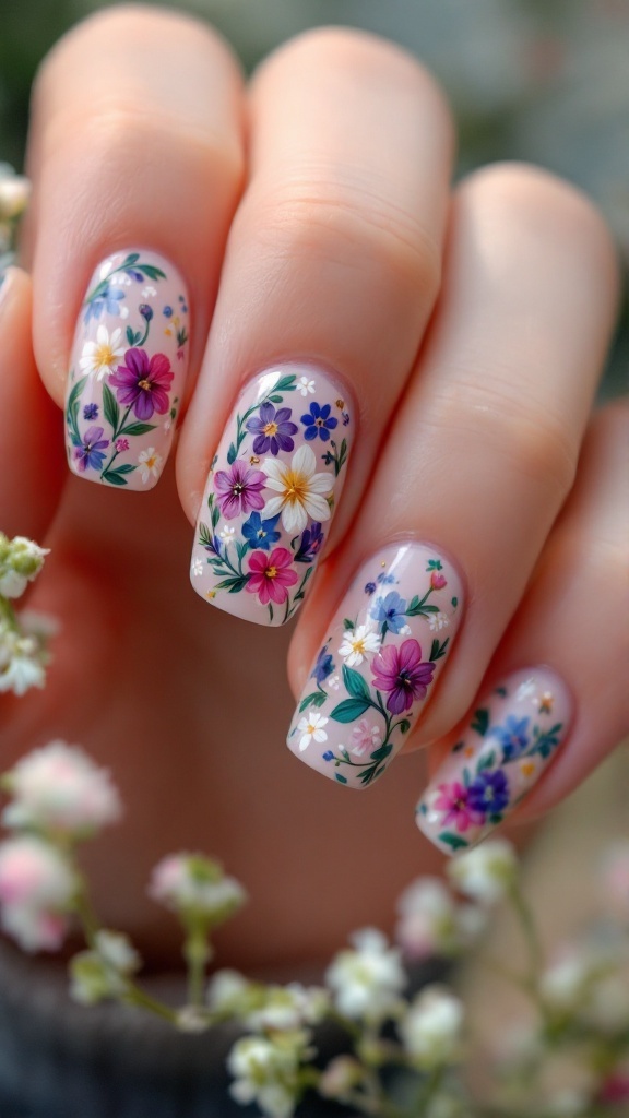 Nail art design featuring colorful floral patterns on nails.