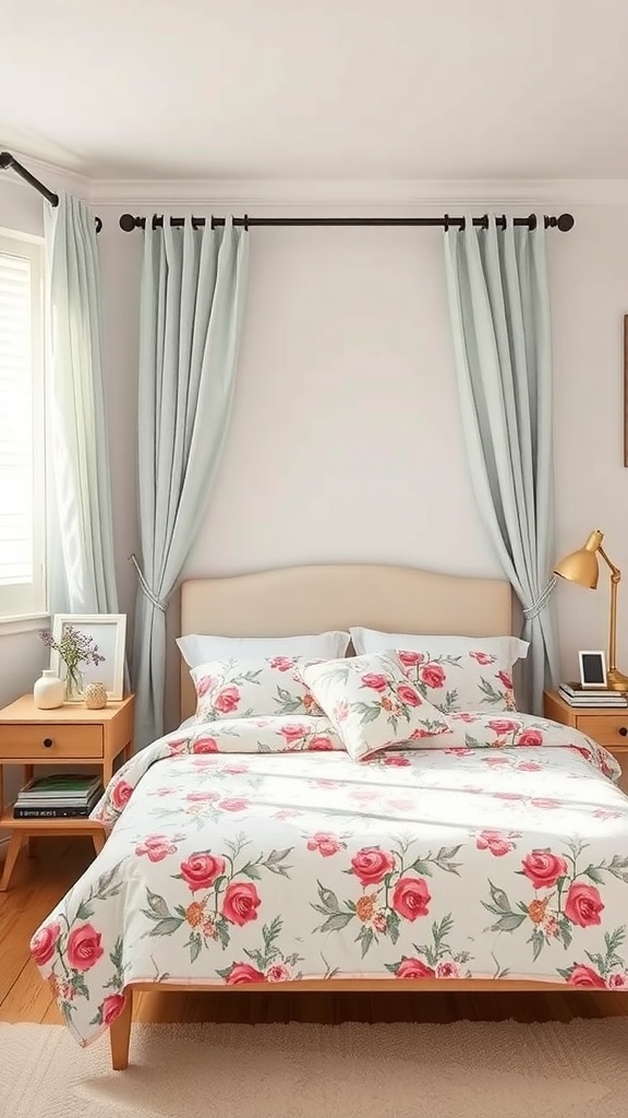 A pastel bedroom featuring a floral duvet cover with pink roses and light blue curtains.
