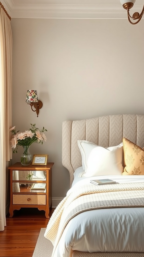 Bedroom with floral patterned sconce, neutral walls, and cozy bedding