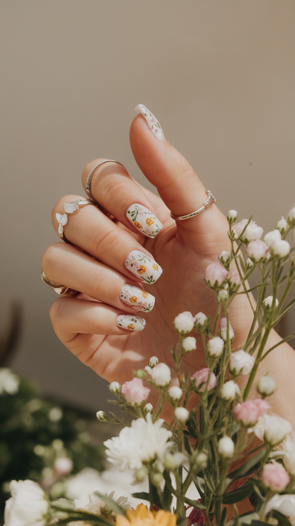 A hand with floral patterned nails surrounded by flowers