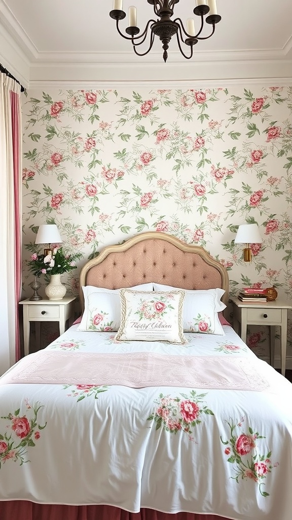A cozy French country bedroom with floral wallpaper and bedding.