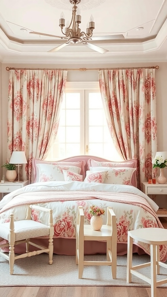 A cozy bedroom featuring dusty rose colors and floral patterns on bedding and curtains.