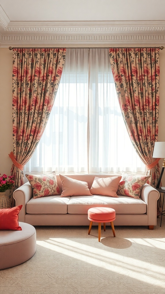 A pink living room featuring floral curtains and cushions, a light pink sofa, and a round ottoman.