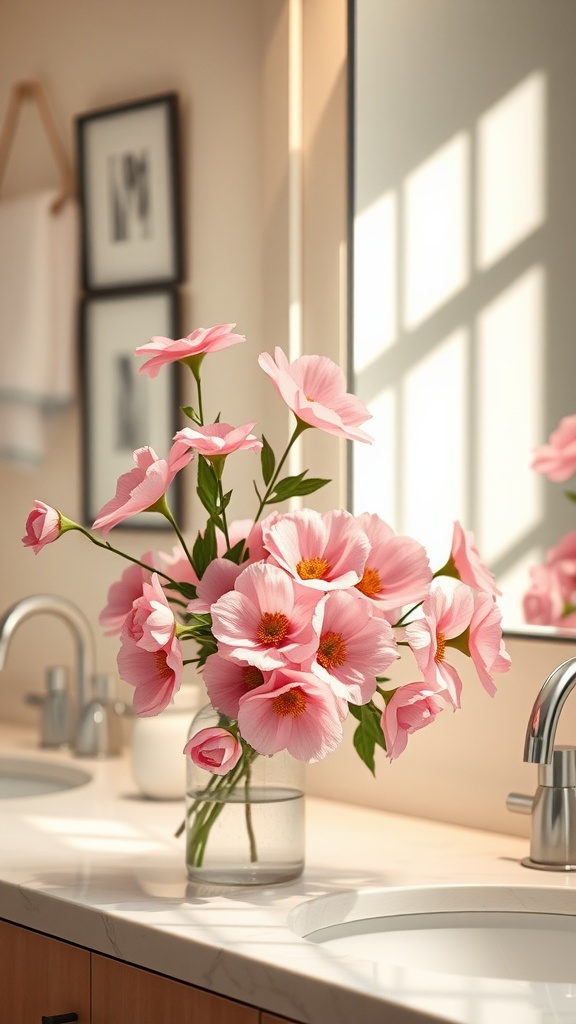 A beautiful arrangement of pink flowers in a clear vase on a bathroom countertop