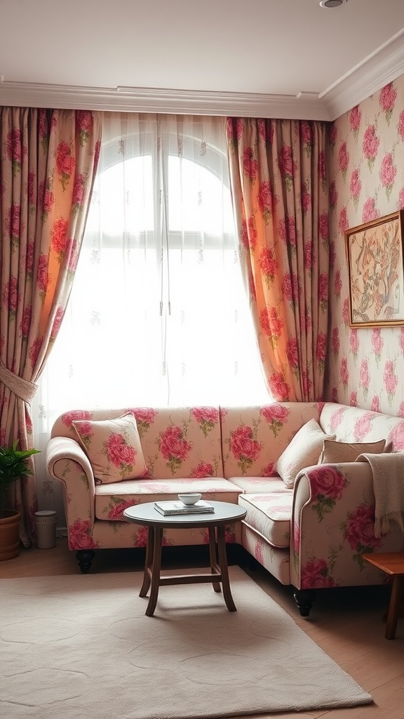 Cozy living room with floral pink patterns on the sofa and curtains, featuring a wooden coffee table and soft rug.