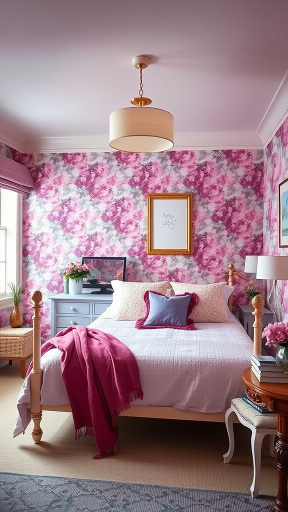 A cozy purple-themed bedroom with floral wallpaper, white bedding, and decorative accents.