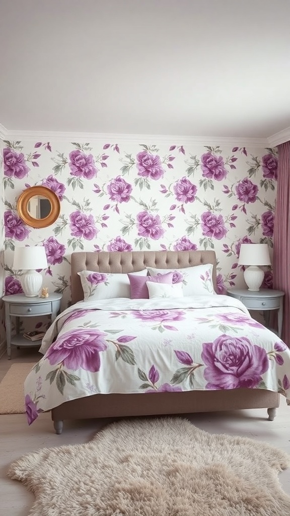 A cozy purple-themed bedroom with floral wallpaper, matching bedding, and a plush rug.