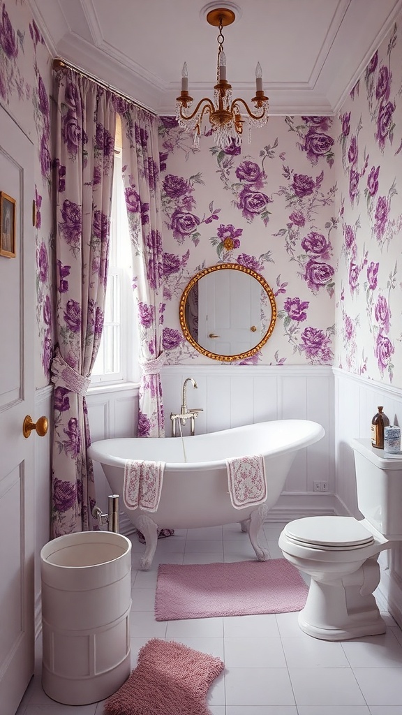 A feminine bathroom with floral purple wallpaper, a freestanding bathtub, and elegant decor.