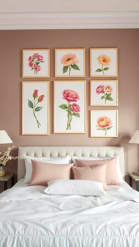 A floral wall art display featuring various flower prints in simple frames above a bed with soft pillows.