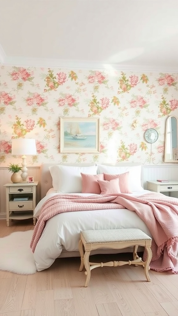 A cozy cottagecore bedroom with floral wallpaper, soft pink bedding, and light wood furniture.