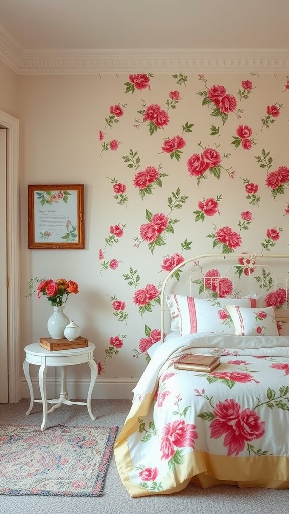 A cozy girly room featuring floral wallpaper in pink and green, a white bed, and a side table with flowers.