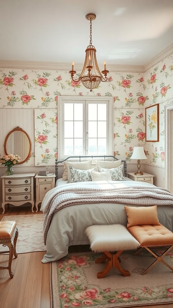 A cozy cottagecore bedroom with floral wallpaper, a chandelier, and vintage furniture.