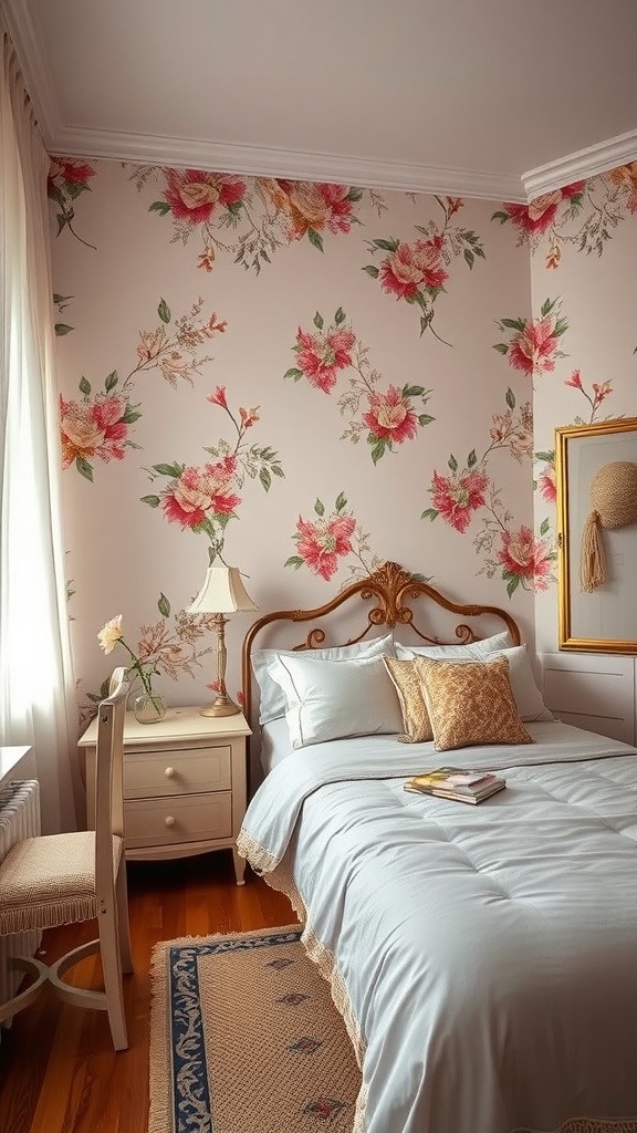 A cozy bedroom featuring floral wallpaper borders with pink flowers, light bedding, and wooden furniture.