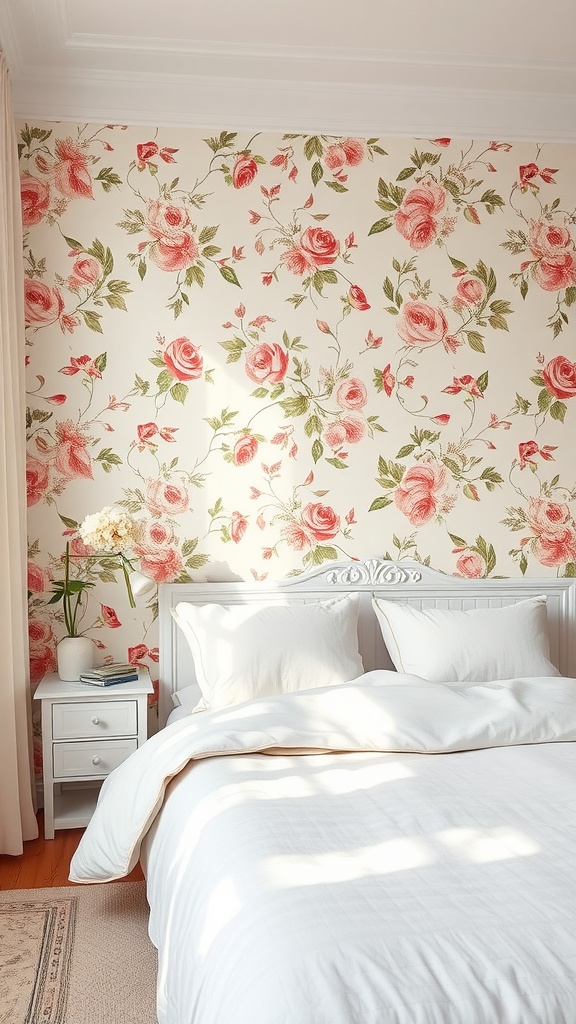 A cozy bedroom with floral wallpaper featuring pink roses and a white bed.