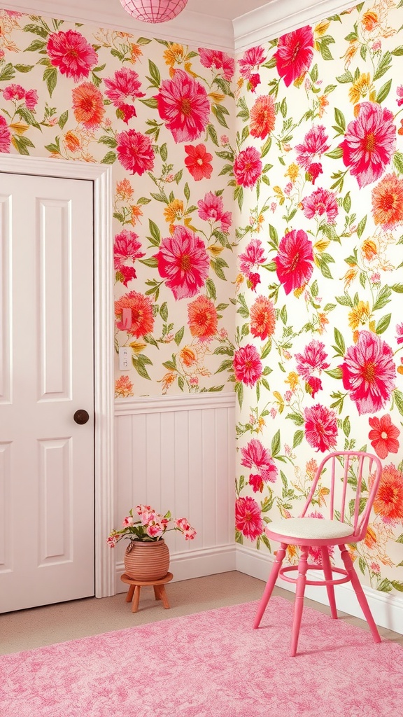 A room with floral wallpaper featuring pink flowers, a pink chair, and a pink rug.