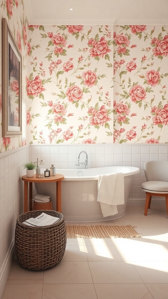A bathroom with floral wallpaper featuring pink roses, a white bathtub, and rustic decor.