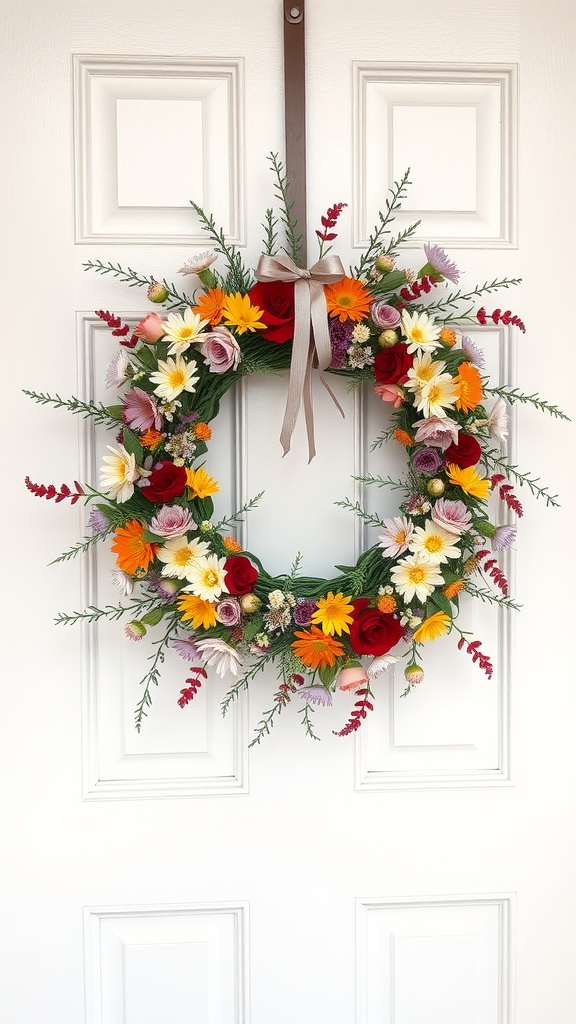 A bright floral wreath featuring red roses, yellow daisies, and purple flowers hanging on a white door.