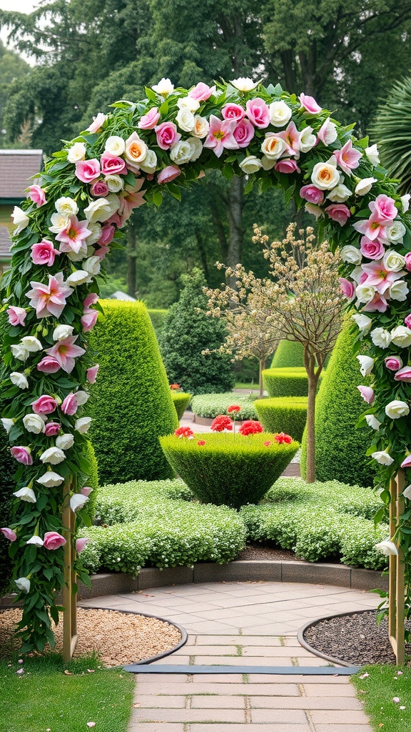 A floral wreath garland made of pink and white roses and lilies framing a garden path with manicured hedges.