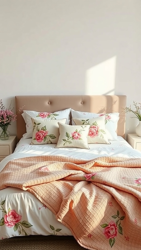 A cozy bedroom featuring floral bedding with pink roses, complemented by decorative pillows and a soft blanket.